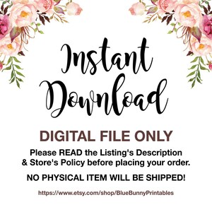 Puede incluir: Un gr&aacute;fico de descarga digital con bordes florales rosas y el texto "Descarga instant&aacute;nea", "ARCHIVO DIGITAL &Uacute;NICAMENTE", "Por favor, LEA la descripci&oacute;n del listado y la pol&iacute;tica de la tienda antes de realizar su pedido.", "&iexcl;NO SE ENVIAR&Aacute; NING&Uacute;N ART&Iacute;CULO F&Iacute;SICO!" y "https://www.etsy.com/shop/BlueBunnyPrintables".