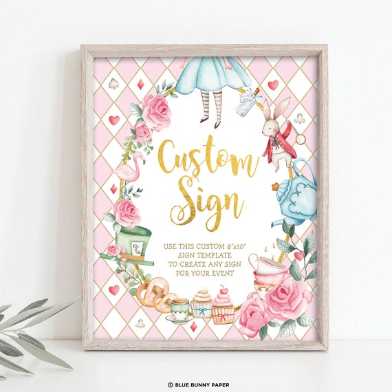 Alice in Wonderland Custom Party Sign Template EDITABLE Mad Hatter Party Decor Alice in Onederland Birthday Decoration Pink and Gold AL1 Il_570xn