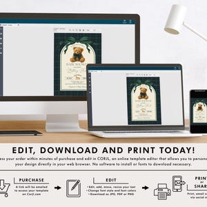 May include: A baby shower invitation template displayed on a computer monitor, laptop, and smartphone. The invitation features a teddy bear graphic and text on a green and navy plaid background. The text reads "Baby Shower". The image also includes instructions: "Edit, Download and Print Today!"