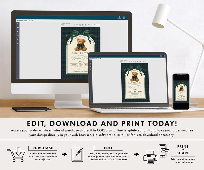 May include: A baby shower invitation template displayed on a computer monitor, laptop, and smartphone. The invitation features a teddy bear graphic and text on a green and navy plaid background. The text reads "Baby Shower". The image also includes instructions: "Edit, Download and Print Today!"