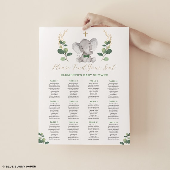 Elephant Baptism Seating Chart Template, Sage Green Gold Baby Boy 1st ...