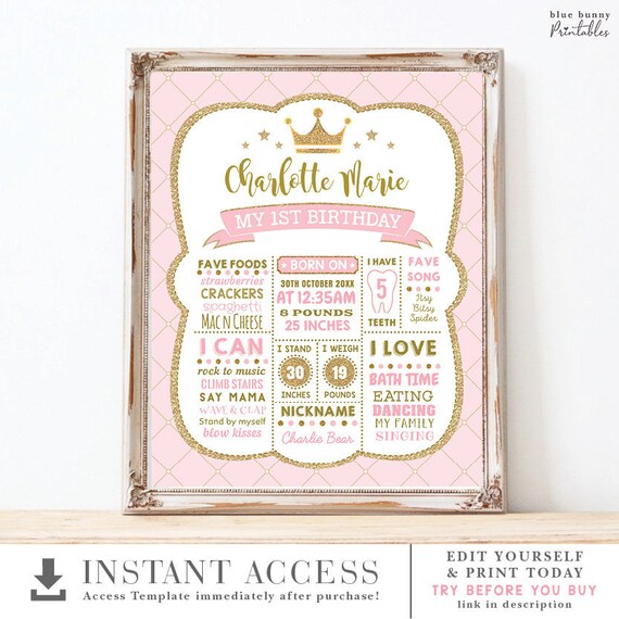Pink Gold Princess 1st Birthday Milestone Poster. Royal Crown Birth Stats Birthday Chalkboard Printable Sign. EDITABLE TEMPLATE. PG2 Il_570xn