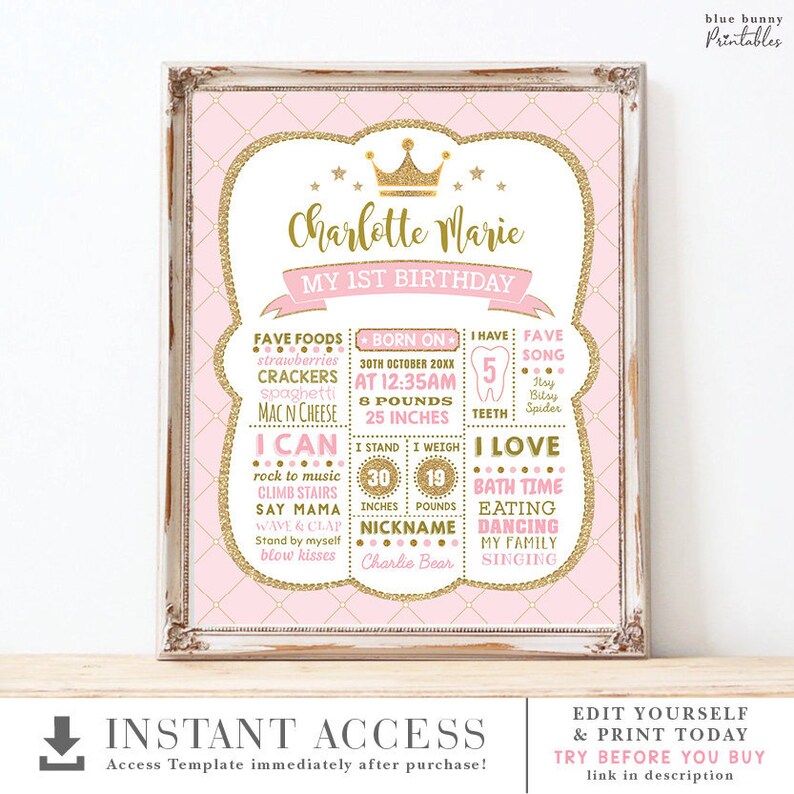 Pu&ograve; includere: Un cartello stampabile per il primo compleanno rosa e oro con una corona e stelle. Il cartello dice "Charlotte Marie Il mio 1&deg; Compleanno". Include dettagli come i cibi preferiti, la data di nascita, il peso, l'altezza e le cose che il bambino sa fare.
