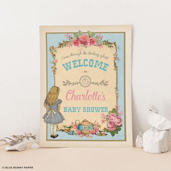 Alice in Wonderland Welcome Sign Vintage Floral Baby Shower Tea Party Printable High Tea Decor Mad Hatter Centerpiece EDITABLE TEMPLATE AL2 Il_570xn