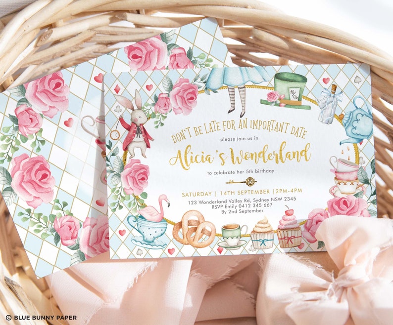 May include: Alice in Wonderland themed birthday party invitation with a blue and white checkered background, pink roses, and illustrations of Alice, the Mad Hatter, the White Rabbit, and a flamingo. The text reads "Don't be late for an important date, please join us in Alicia's Wonderland to celebrate her 5th birthday. Saturday, 14th September, 2 PM - 4 PM, 123 Wonderland Valley Rd, Sydney NSW 2345, RSVP Emily 0412 345 667, By 2nd September."