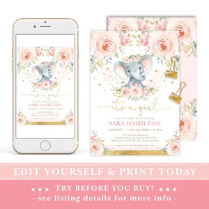 Editable Girl Elephant Baby Shower Invitation, Blush Pink Floral ...
