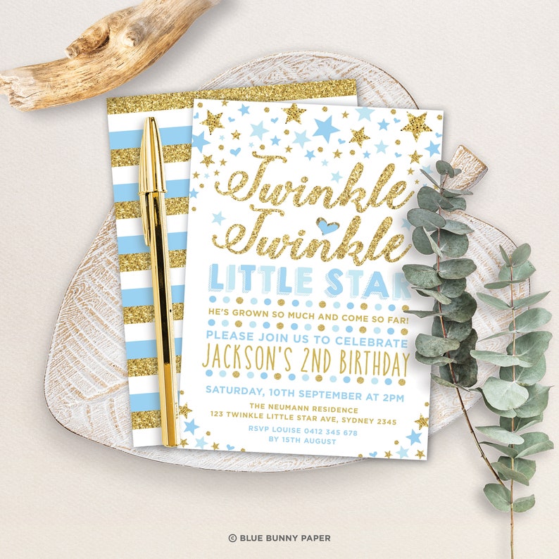 May include: Blue and gold birthday invitation with a glitter background and stars. The invitation says "Twinkle Twinkle Little Star" and "Jackson's 2nd Birthday".