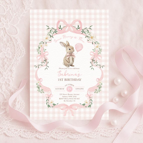 Some Bunny is One: Pink Bow Rabbit First Birthday Invitation, Editable Digital Download, BUN12