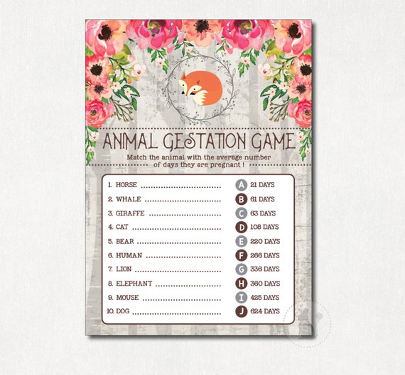 ANIMAL PREGNANCY Game. Rustic Woodland Baby Shower Printable Game. Animal Gestation Activity. Fox Baby Shower. Floral Watercolor Flower FOX1 Il_570xn