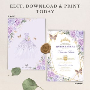 May include: Purple and gold Quincea&ntilde;era invitation with a floral design and butterflies. The text reads "Quincea&ntilde;era Aurora Rose" and includes the date and time of the event.