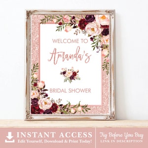 May include: A printable bridal shower sign with a pink glitter background and floral border. The text reads "Welcome to Amanda's Bridal Shower".