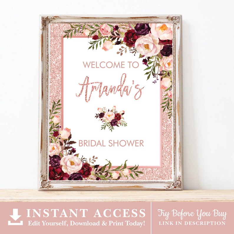 May include: A printable bridal shower sign with a pink glitter background and floral border. The text reads "Welcome to Amanda's Bridal Shower".