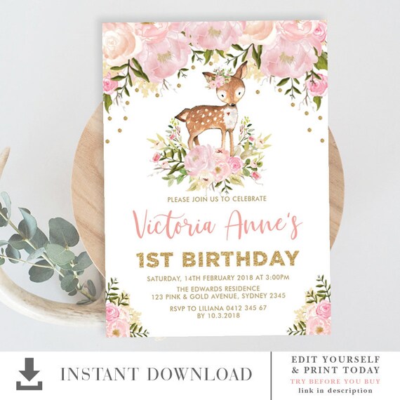 Blush Pink Floral Deer 1st First Birthday EDITABLE INVITATION. Girly Woodland Forest Doe Party Invitation Printable Download. FLO18G-Deer Il_570xn