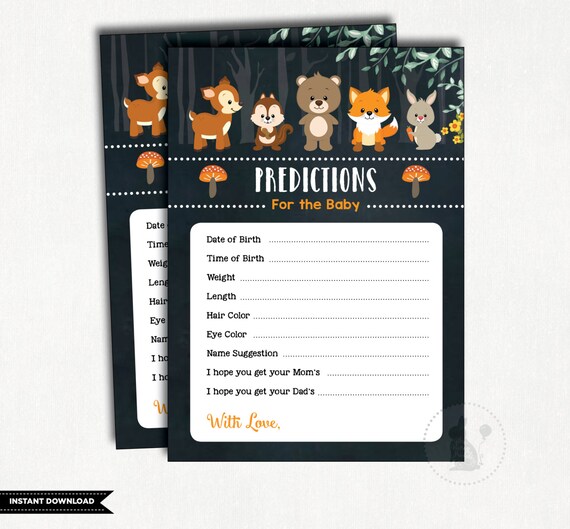 PREDICTIONS for the Baby Card. PRINTABLE. Woodland Baby Shower Game. Prediction Card. Baby Stats. Forest Shower Activity. Chalkboard. WOOD2 Il_570xn