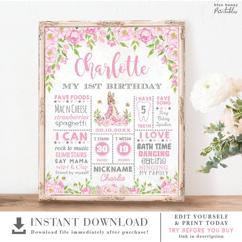 May include: A pink and green printable first birthday sign with a floral design and a bunny illustration. The sign includes the name Charlotte, the date 30.10.20XX, and details about the child's milestones, such as favorite foods, songs, and activities. The sign also includes the child's nickname, Charlie.