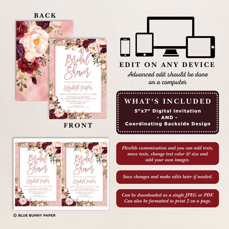 May include: A digital invitation for a bridal shower with a pink and burgundy floral design. The invitation is 5" x 7" and includes a coordinating backside design. The text on the invitation reads "Bridal Shower" and "Elizabeth Parker".