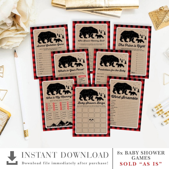 Lumberjack Baby Shower Games Package. Forest Bear Adventure Printable
