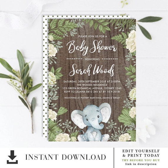 Rustic Elephant Baby Shower Invitation. Gender Neutral Botanical EDITABLE Invite. Jungle Safari Boy Girl Baby Printable Invitation. BOT2 Il_570xn
