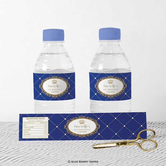 Editable Prince Water Bottle Label, Royal Blue Gold Prince Birthday