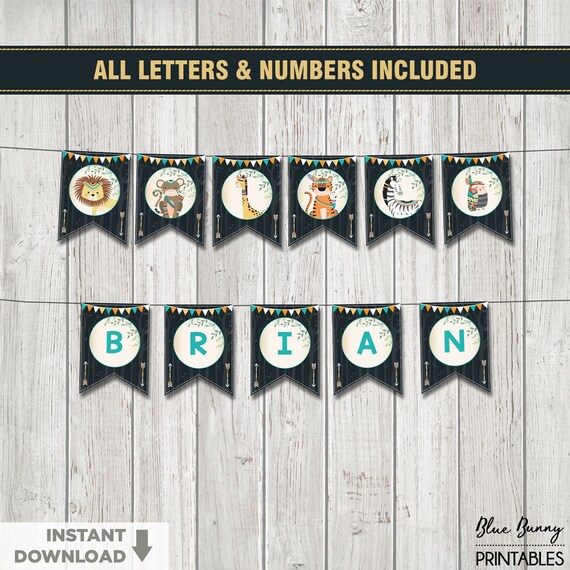 Tribal Jungle Baby Shower Safari Printable Banner. ALL LETTERS & NUMBERS Bunting. Lion Tiger Monkey Birthday Party Flags. Chalkboard. JUN1 Il_570xn