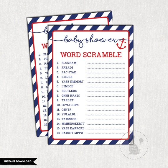 Nautical WORD SCRAMBLE Baby Shower Game. Navy and Red Baby Shower