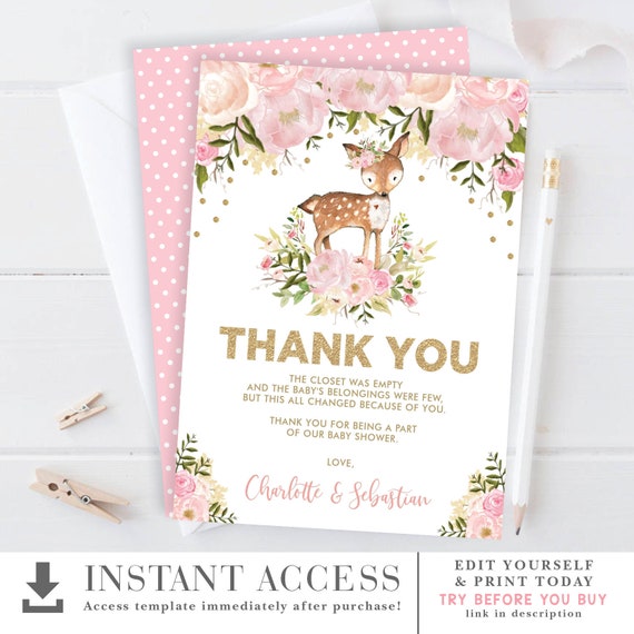 Blush Floral Deer Baby Shower Thank You Card. Woodland Forest Birthday Party Favors. EDITABLE TEMPLATE. Instant Download. FLO18G-DEER Il_570xn