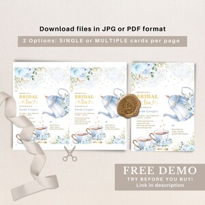 May include: A printable bridal shower invitation with a blue and gold watercolor design. The invitation features a teapot, teacups, and the text "Bridal Tea" in gold lettering. The text "Sarah Cooper" is also included on the invitation.