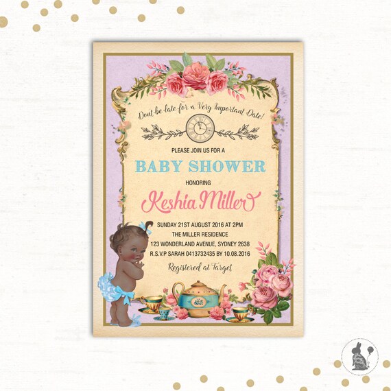 Alice in Wonderland Invitation. Baby Shower Tea Party Invite. Vintage Baby High Tea. African American Floral Shower Invitation. Roses. AL1 Il_570xn