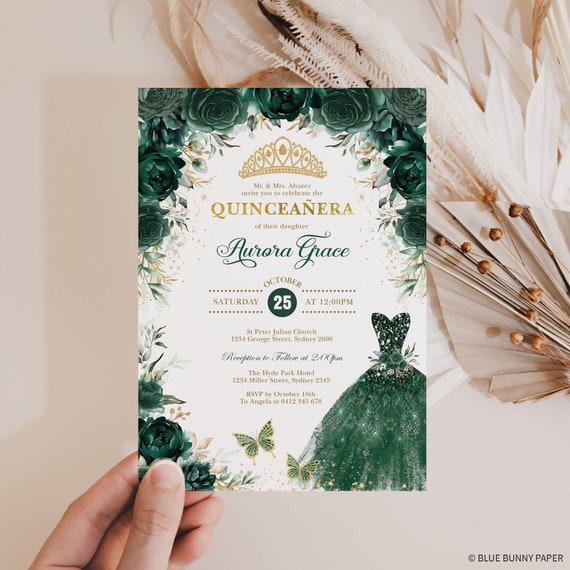 Emerald Green & Gold With Dress Invitations 5 x 7 Cardstock