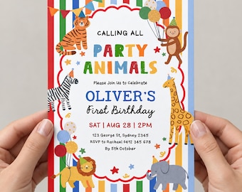 Party Animals Birthday Invitation: Colorful Stripes Safari Wild One ANY AGE Invite Editable Template, SAF16