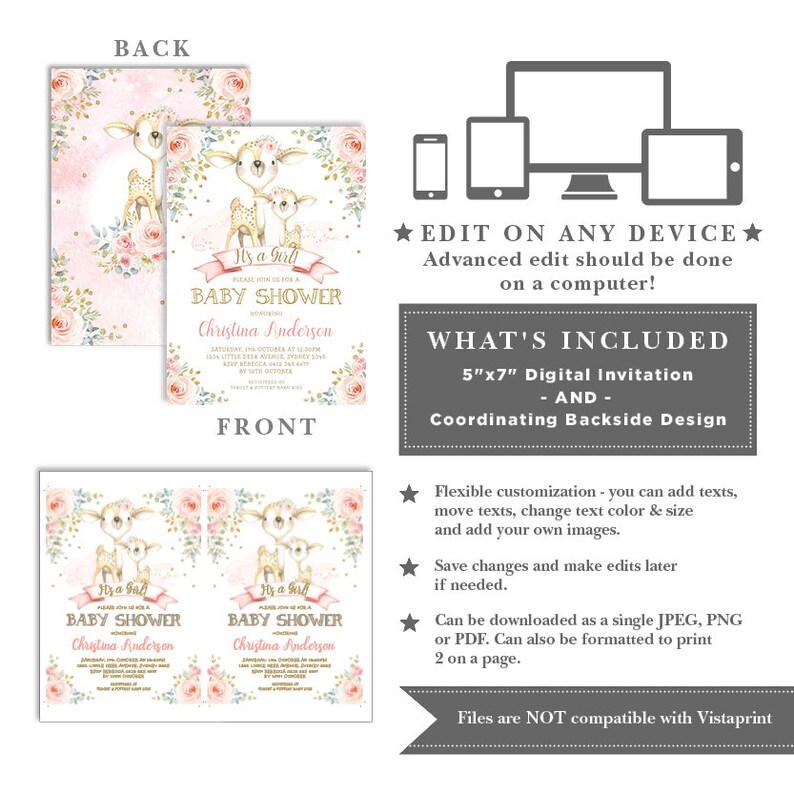 May include: A printable baby shower invitation featuring a pink and gold color scheme with a cute illustration of a deer and fawn. The text reads "It's a Girl! Baby Shower Christina Anderson".