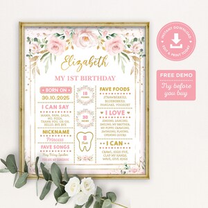 K&ouml;nnte beinhalten: Ein rosa-goldener Meilenstein-Poster zum ersten Geburtstag mit floralen Illustrationen. Das Poster enth&auml;lt den Namen Elizabeth, das Datum 30.10.2025 und Details zur Entwicklung des Kindes, einschlie&szlig;lich Gewicht, Gr&ouml;&szlig;e und F&auml;higkeiten.