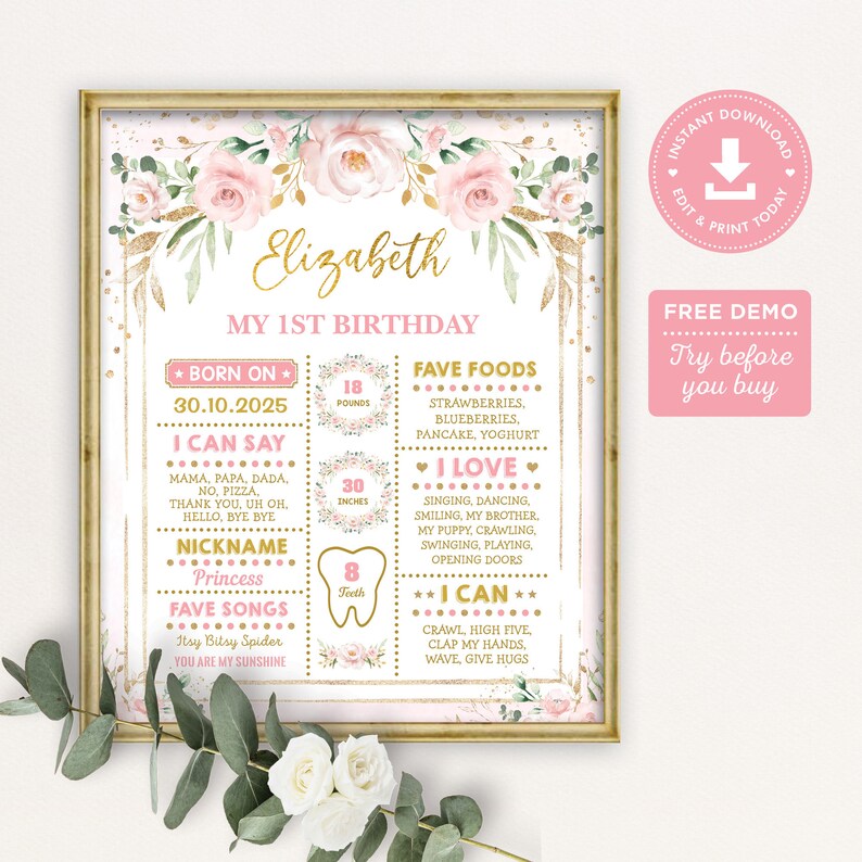 K&ouml;nnte beinhalten: Ein rosa-goldener Meilenstein-Poster zum ersten Geburtstag mit floralen Illustrationen. Das Poster enth&auml;lt den Namen Elizabeth, das Datum 30.10.2025 und Details zur Entwicklung des Kindes, einschlie&szlig;lich Gewicht, Gr&ouml;&szlig;e und F&auml;higkeiten.