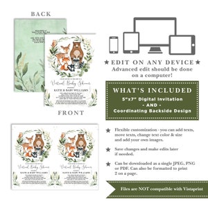 Op de afbeelding: Een digitale uitnodiging voor een virtuele babyshower met een bos-thema. De uitnodiging bevat een aquarel-illustratie van een beer, vos, hert en wasbeer in een groene bosomgeving. De tekst op de uitnodiging luidt "U bent uitgenodigd om deel te nemen aan een virtuele babyshower ter ere van Katie & Baby Williams".