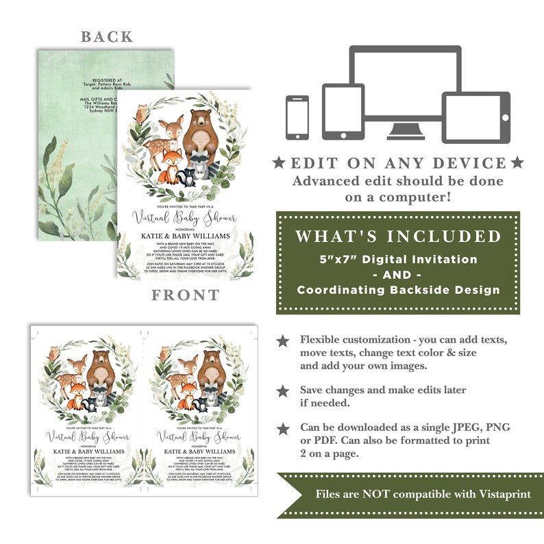Op de afbeelding: Een digitale uitnodiging voor een virtuele babyshower met een bos-thema. De uitnodiging bevat een aquarel-illustratie van een beer, vos, hert en wasbeer in een groene bosomgeving. De tekst op de uitnodiging luidt "U bent uitgenodigd om deel te nemen aan een virtuele babyshower ter ere van Katie & Baby Williams".