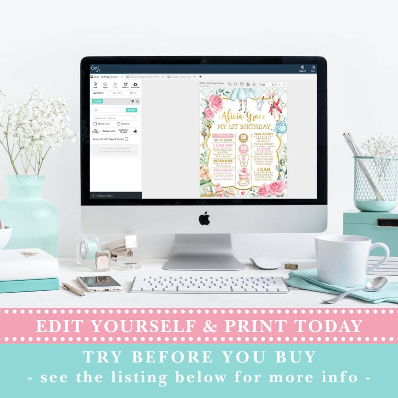 Op de afbeelding: Een computermonitor toont een aanpasbare verjaardagsfeestuitnodiging. De uitnodiging heeft bloemen en Alice in Wonderland-thema's, met de tekst "Alicia Grace, My 1st Birthday". Onder de monitor staat de tekst "Edit Yourself & Print Today".