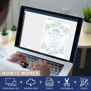 May include: A digital design template for a Quincea&ntilde;era invitation. The invitation features a watercolour design with blue flowers, a silver crown, and a silver glitter background. The text on the invitation reads "Quincea&ntilde;era" and "Maria Luna".