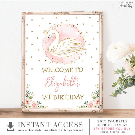 Swan Princess Birthday Welcome Sign. Baby Shower Decoration. Girl 1st Birthday Printable Decor. Blush Pink Floral EDITABLE TEMPLATE. SWAN1 Il_570xn