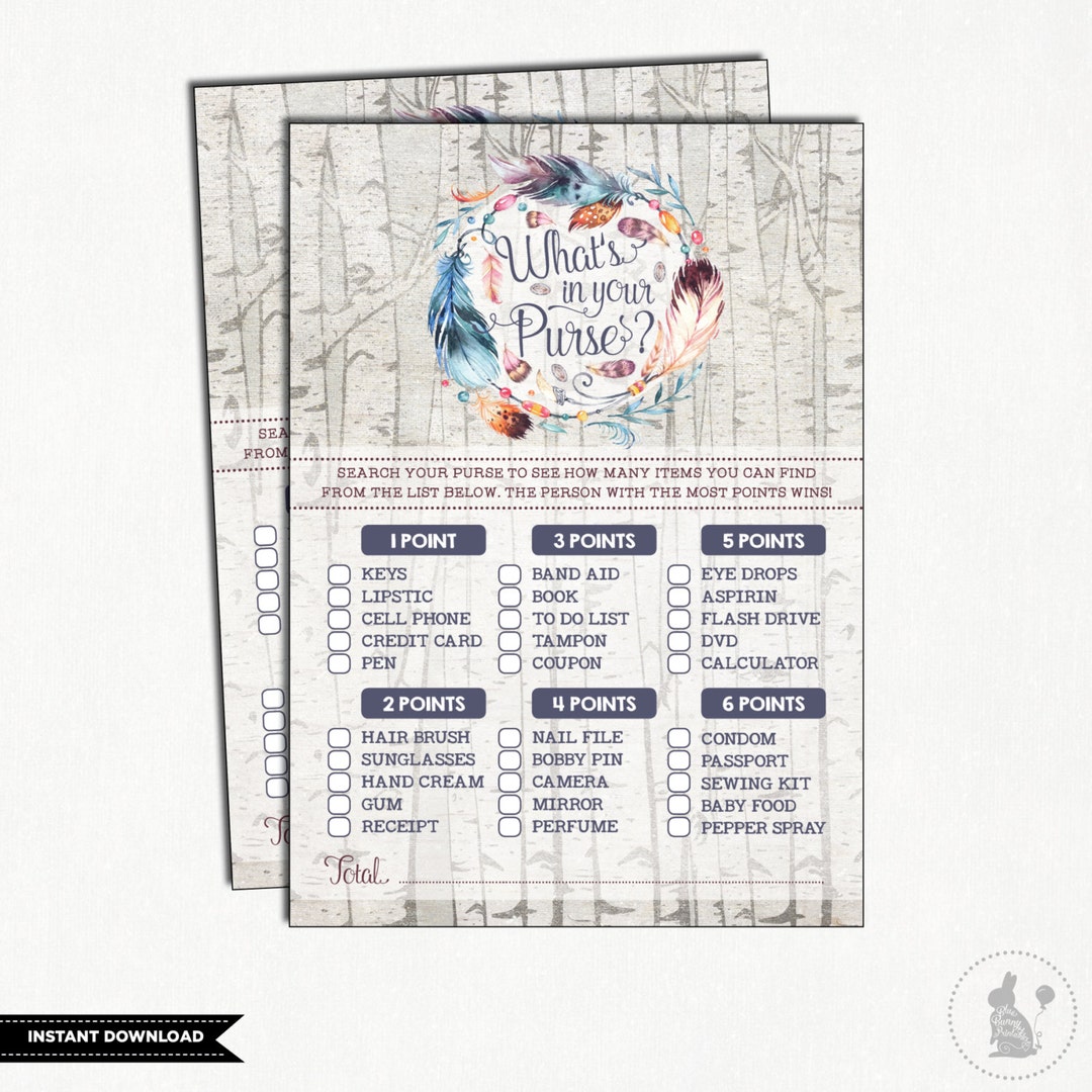 BOHO BABY SHOWER Game. What's in Your Purse. Bohemian Baby Shower ...