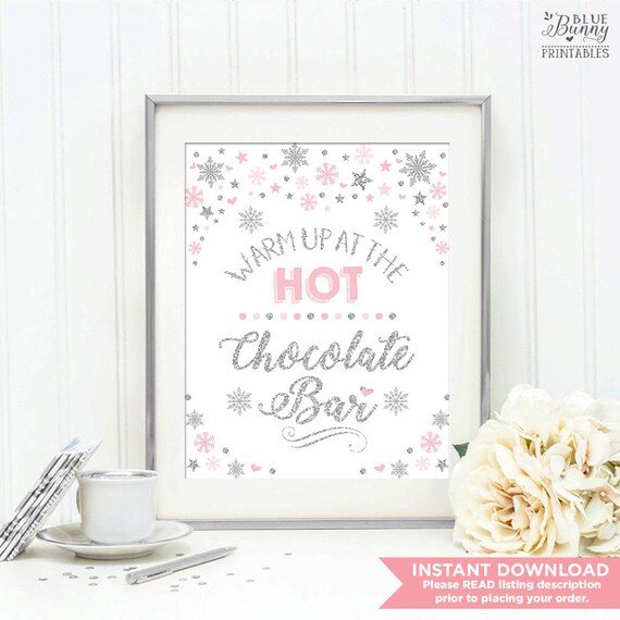 Hot Chocolate Bar Printable Sign. Pink and Silver Snowflakes Birthday Party Decor. Winter Baby Shower Favors. Christmas Decoration. WINT14 Il_570xn