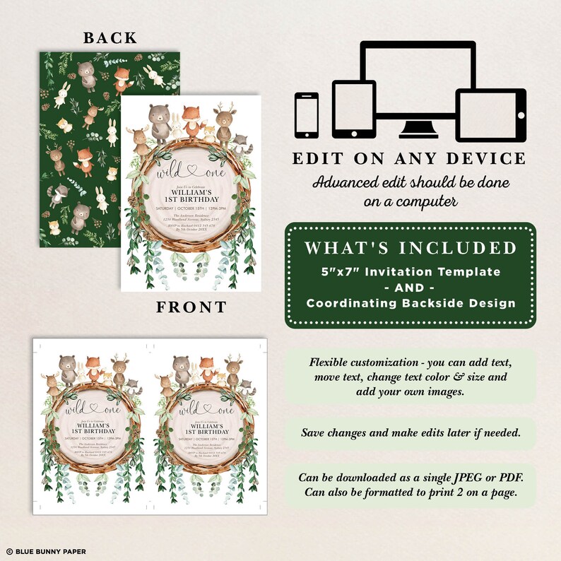 May include: A woodland-themed invitation template for a first birthday. The front design features a circular frame with forest animals and the text "wild one." The back has a pattern of forest animals. The invitation is 5"x7" and includes a coordinating backside design.