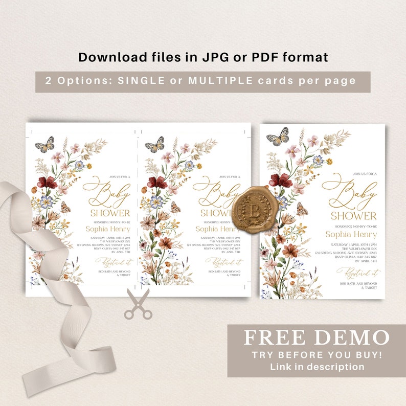 May include: Three printable baby shower invitations with a floral design. The invitations feature a wreath of watercolor flowers, butterflies, and greenery. The text on the invitations reads "Join us for a Baby Shower honoring mommy-to-be Sophia Henry".