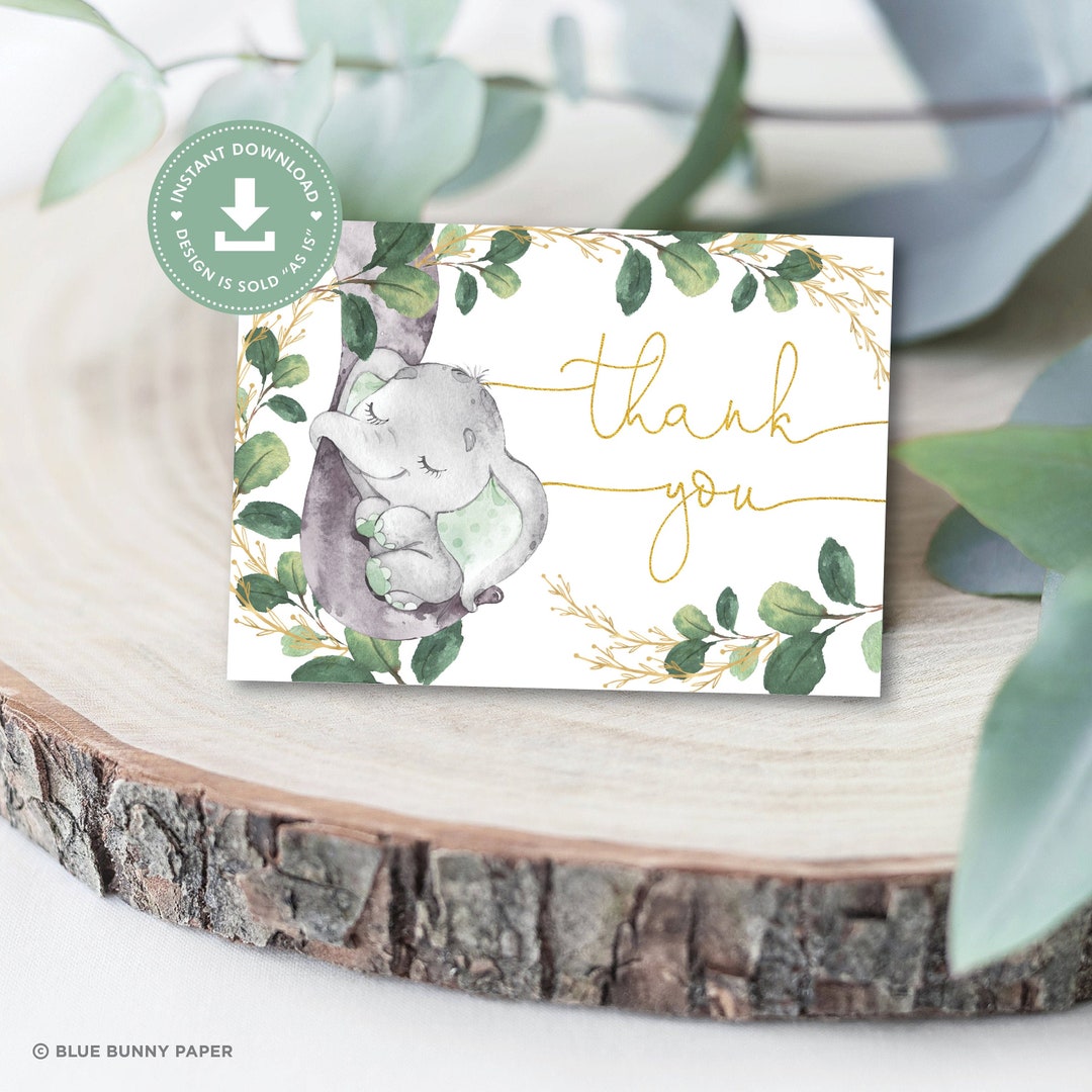 Greenery Elephant Folded Thank You Card. Neutral Elephant Baby Shower ...