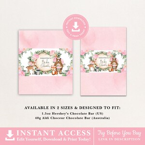 May include: Printable baby shower favor tags featuring a woodland theme with pink flowers, a bear, a fox, a deer, and a raccoon. The text on the tag reads "Samantha's Baby Shower". The tags are designed to fit 1.5 oz Hershey's Chocolate Bars or 40g Aldi Choceur Chocolate Bars.