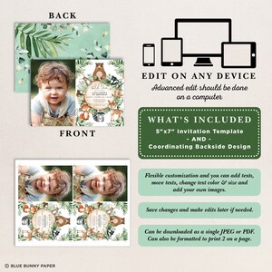 May include: A Wild One 1st Birthday invitation template with a coordinating backside design. The front features a photo of a baby and woodland animal illustrations. The back has a green floral design. The template is 5"x7".