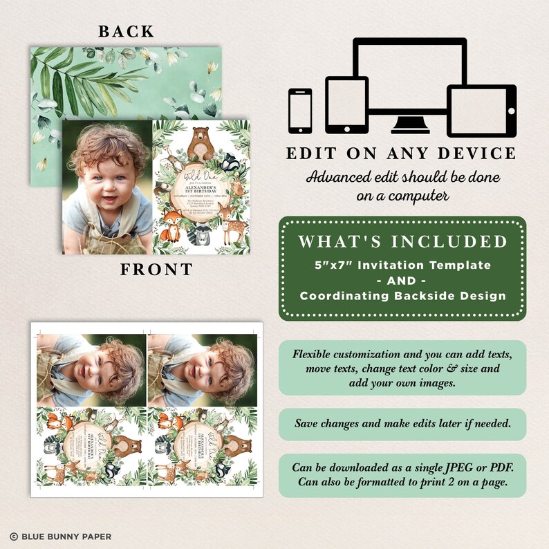 May include: A Wild One 1st Birthday invitation template with a coordinating backside design. The front features a photo of a baby and woodland animal illustrations. The back has a green floral design. The template is 5"x7".