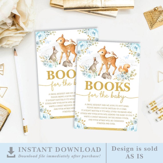 Woodland Baby Shower Bring a Book Card. Blue Gold Flower Forest Books For Baby Boy Printable. INSTANT DOWNLOAD. WOOD16 Il_570xn