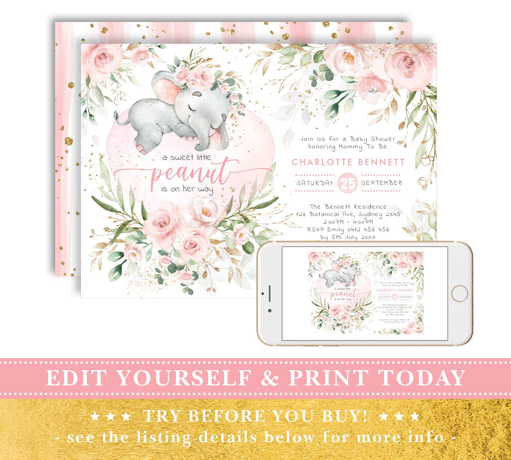 EDITABLE Blush Pink Elephant Baby Shower Invitation Pink - Etsy