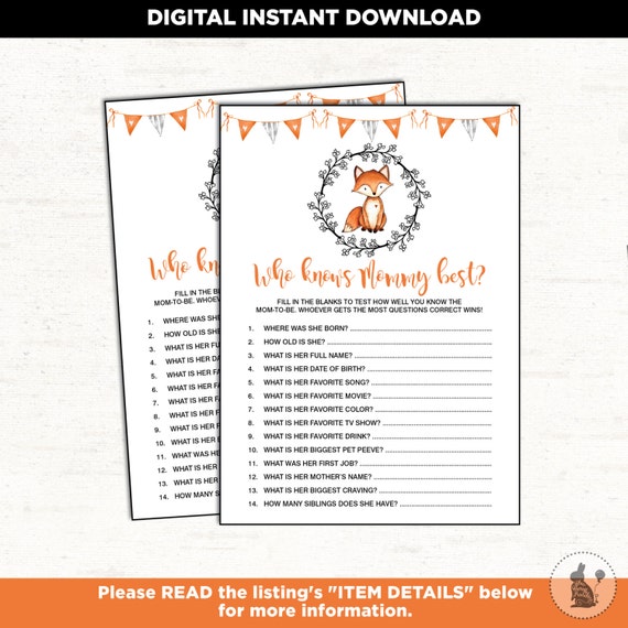 Who Knows Mommy Best Fox Baby Shower Printable Game Woodland Baby Who Knows Mommy Best Fox Baby Shower Printable Game Woodland Baby
