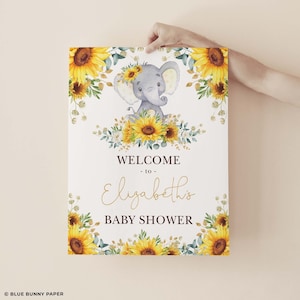 Signo de bienvenida de elefante girasol, baby shower de elefante de verano, amarillo floral salvaje un 1er cumpleaños plantilla editable descarga instantánea, SUN5